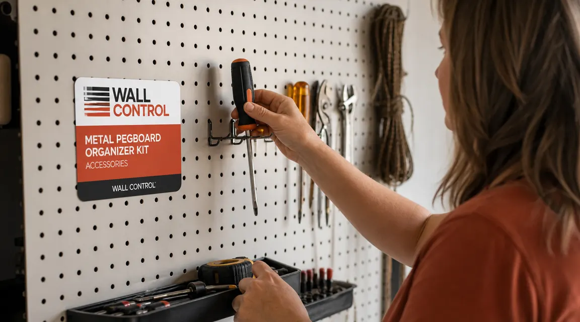 Hand placing a screwdriver into a metal pegboard hook on a Wall Control panel