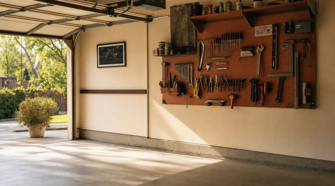 Organized garage wall with metal pegboard holding hand tools, power cords, and a drill in daylight