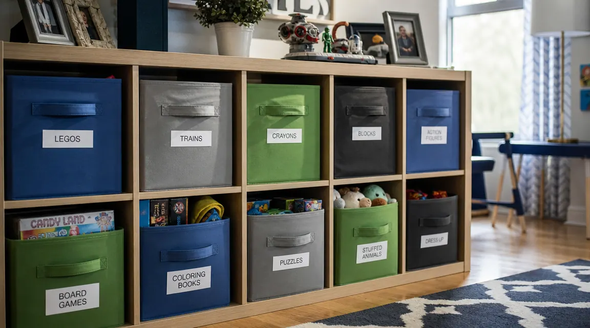 Kids playroom cubbies with colorful labeled bins for legos, art supplies, and board games