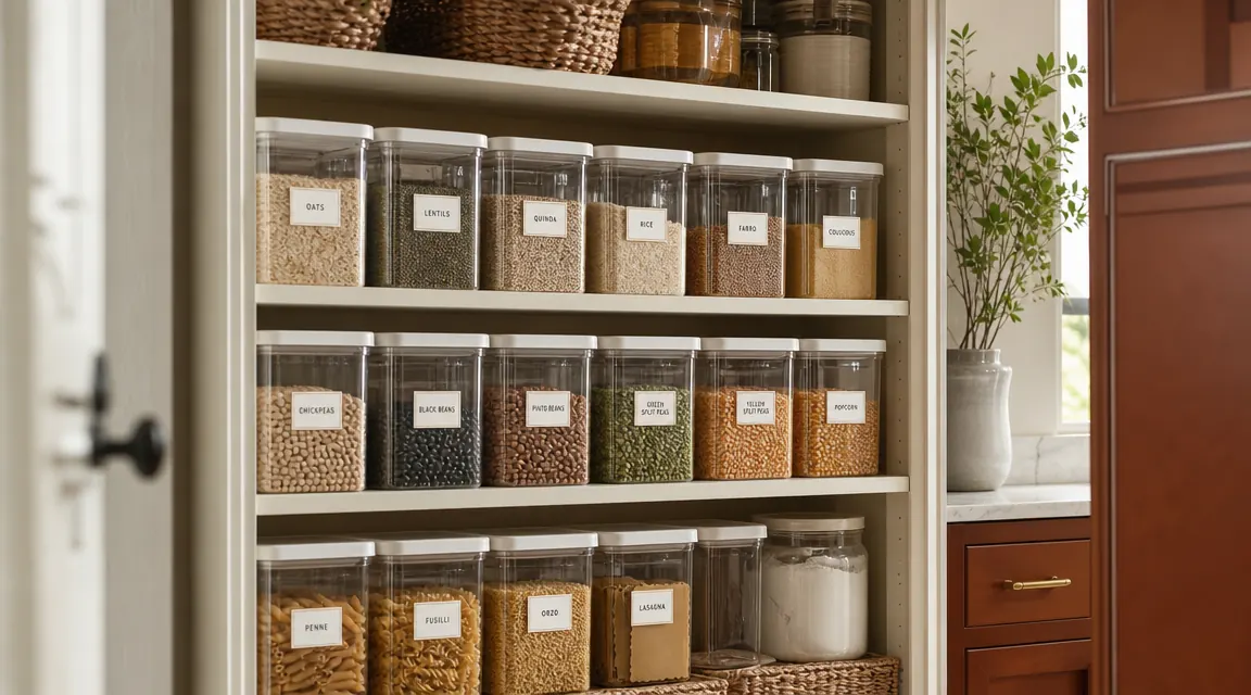 Organized pantry shelf with clear bins and printed labels on each container