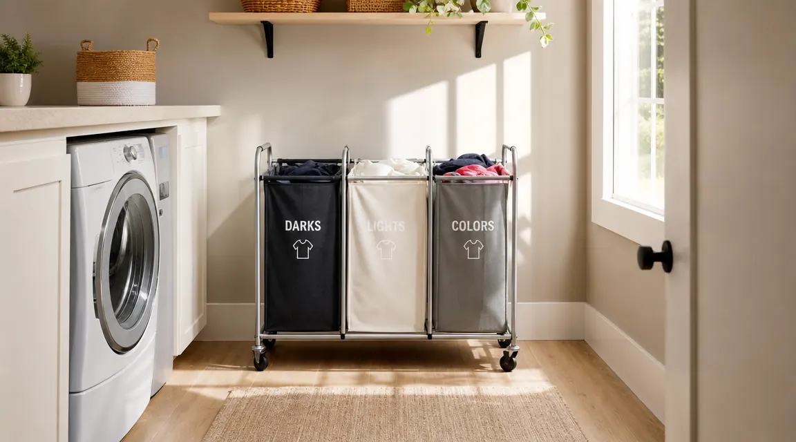 Three-section rolling laundry sorter in a clean utility room with sorted clothes in each bin section