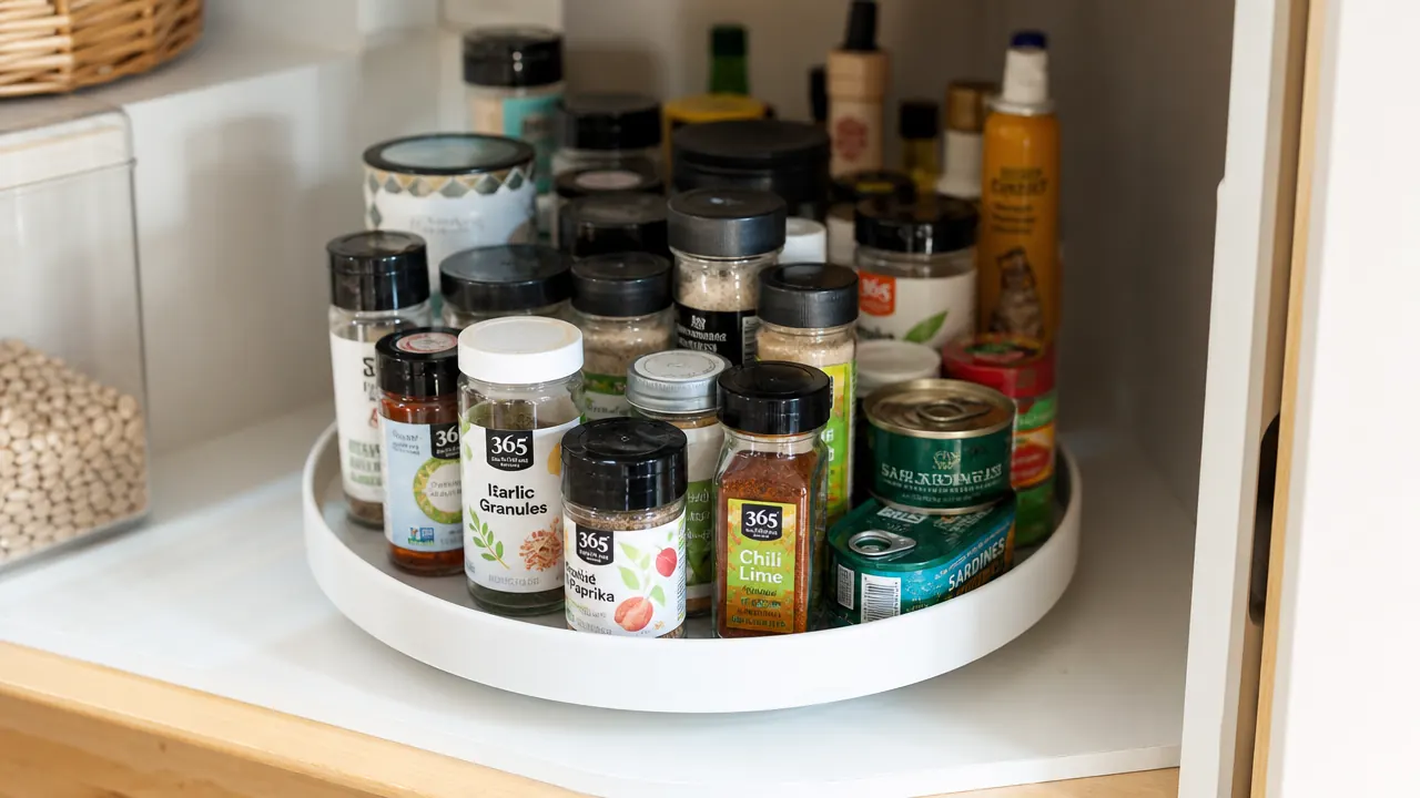 Organized pantry shelf with a white lazy susan turntable holding spice bottles and small canned goods in warm kitchen light