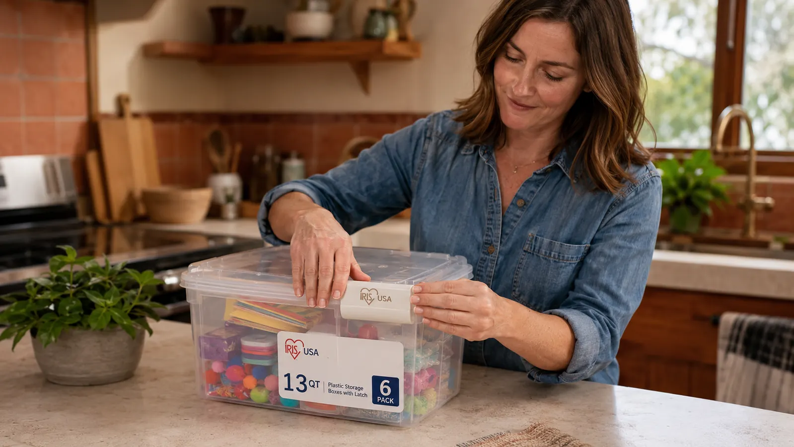 Woman pressing the side latch closed on a clear plastic storage bin filled with craft supplies