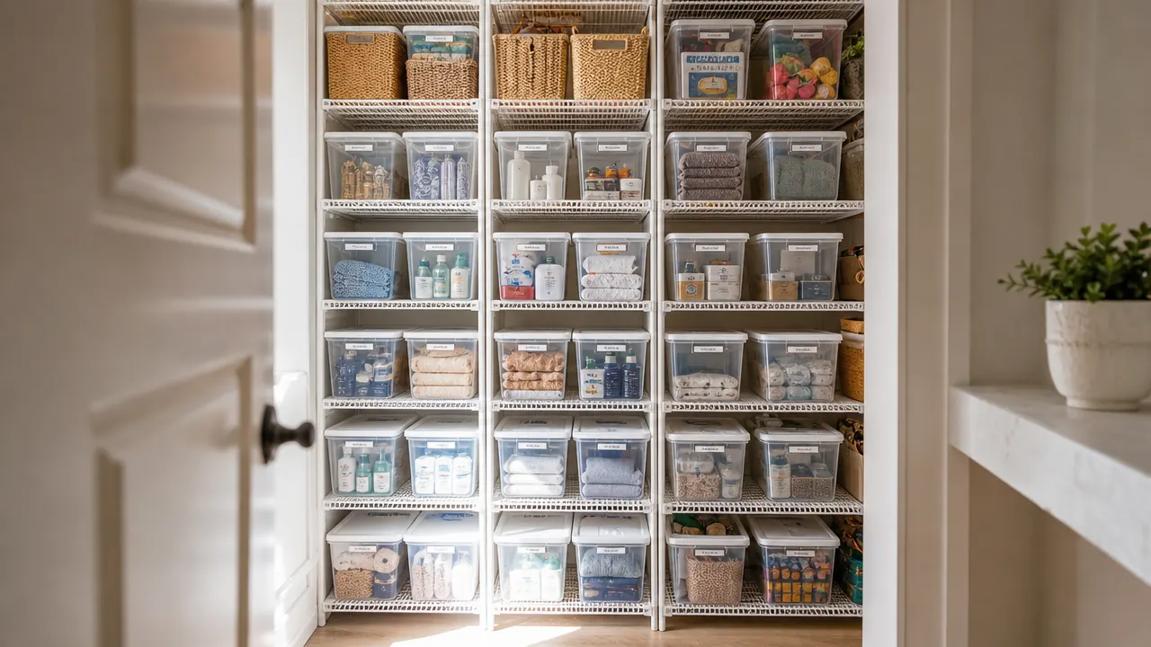 Tall stack of clear plastic storage bins with latched lids lining a white utility closet shelf