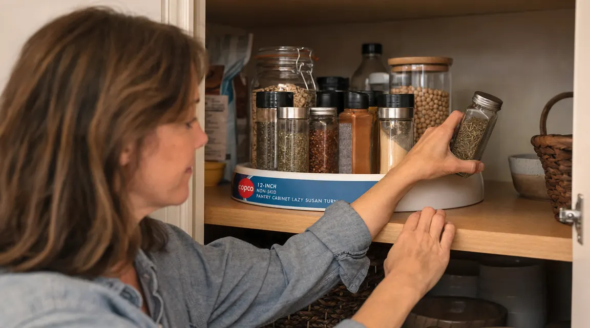 Hand tilting a spice jar that has tipped on a flat lazy susan while other jars remain upright