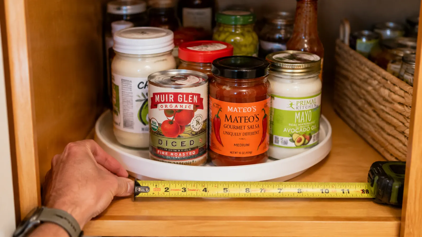 Pantry shelf with a loaded lazy susan turntable beside a ruler showing the 12-inch diameter in context