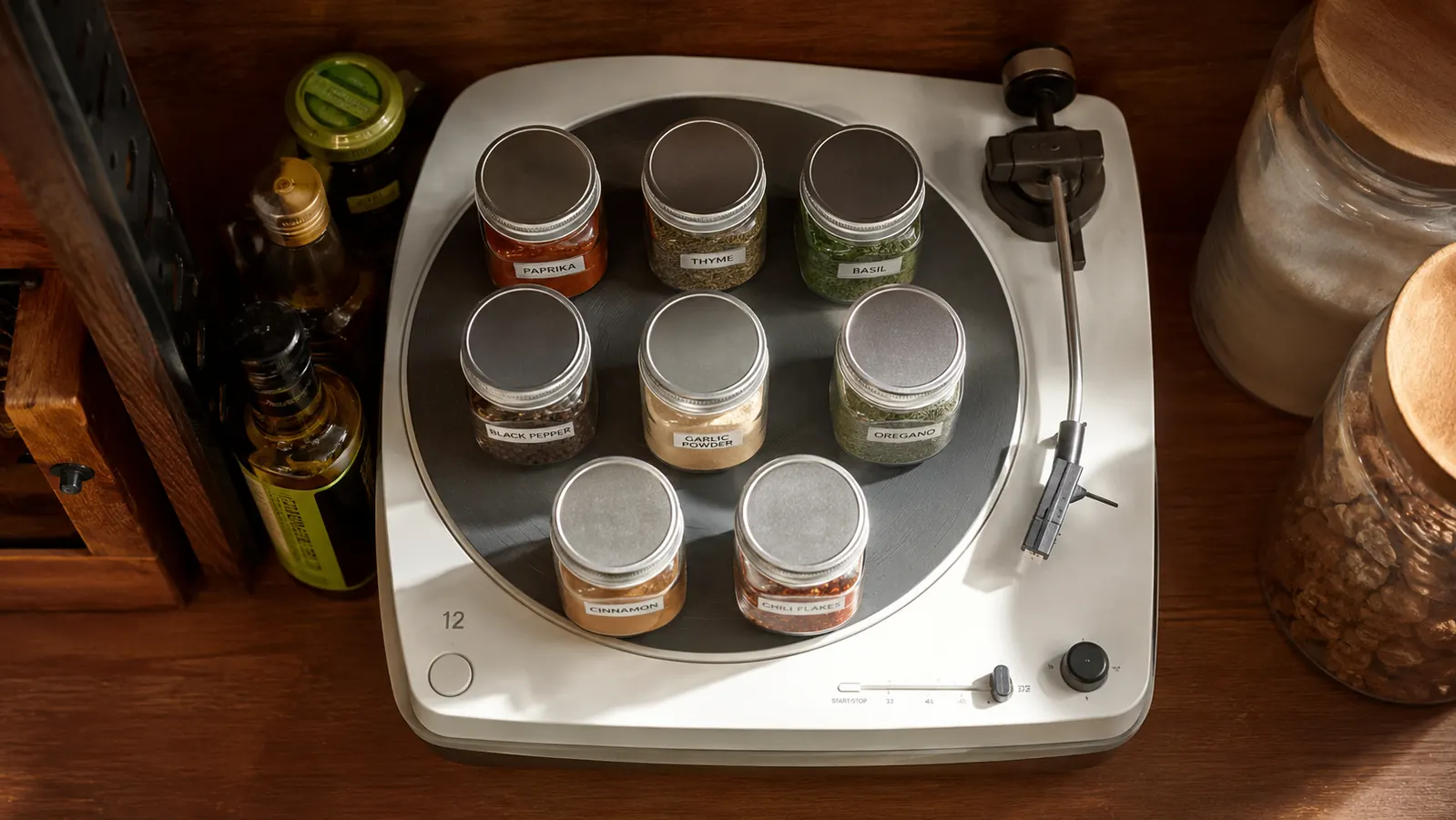 Close-up of a Copco white lazy susan turntable loaded with spice jars on a pantry shelf, morning kitchen light