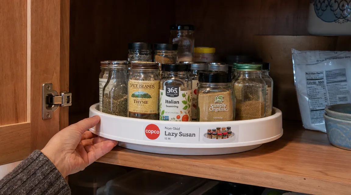 Hand spinning a Copco lazy susan turntable loaded with spice jars inside a cabinet