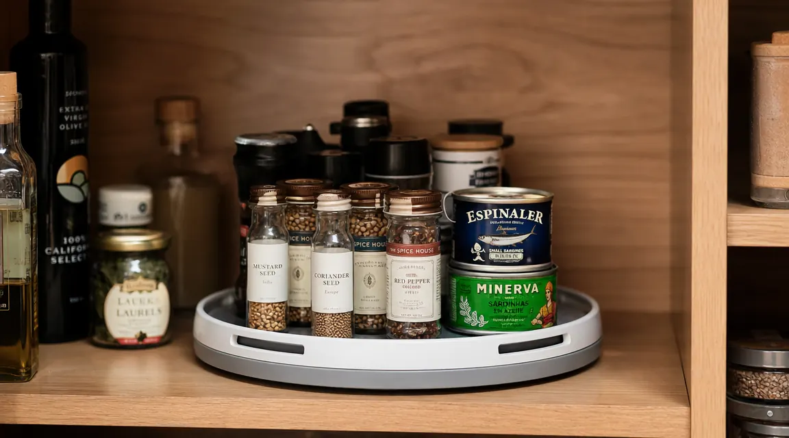 A tidy pantry shelf with spice bottles and small cans arranged on a white lazy susan turntable, warm kitchen light