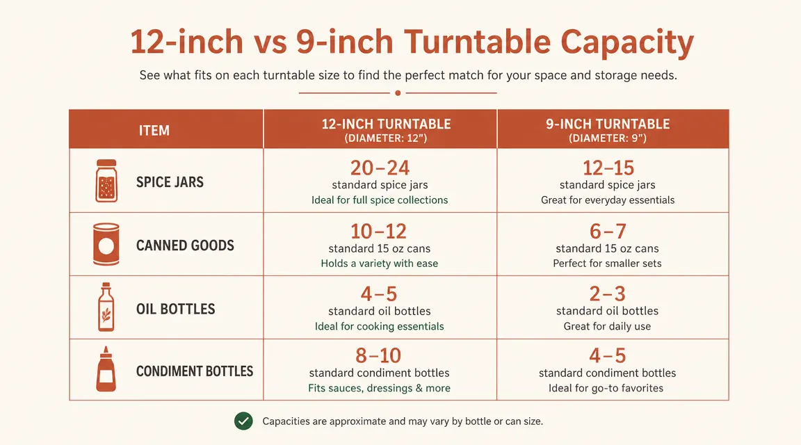 Comparison chart showing what fits on a 12-inch vs 9-inch turntable by item type
