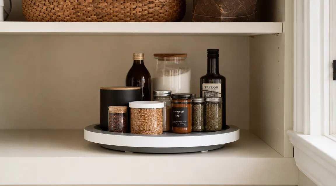 Well-organized pantry shelf with white lazy susan turntable holding spice jars and small canned goods