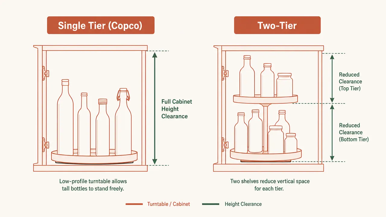Side-by-side diagram comparing single-tier lazy susan height versus two-tier turntable height inside a standard cabinet