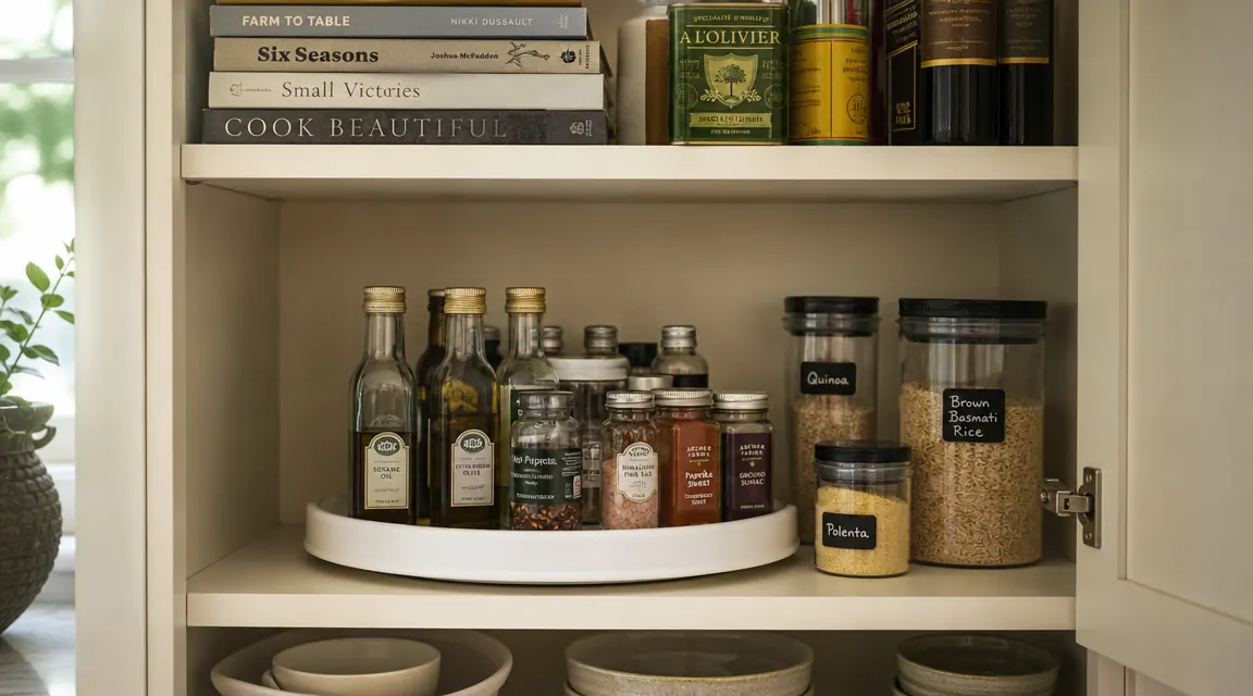 Open pantry cabinet showing a white Copco lazy susan holding spice bottles and small jars at a comfortable height