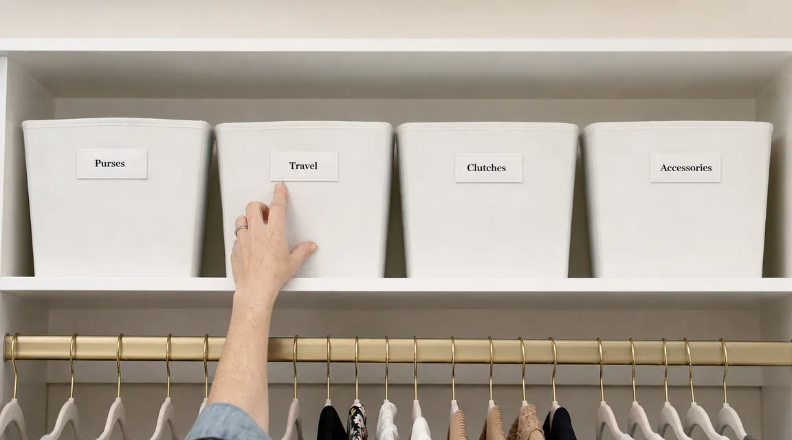 Row of matching labeled bins on a closet shelf, each with a neat printed label: WINTER HATS, SCARVES, EXTRA BLANKETS