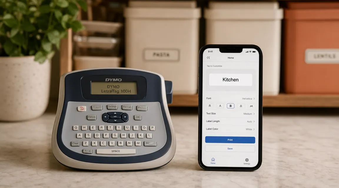 DYMO LetraTag 100H label maker beside a smartphone showing a label-maker app, on a kitchen counter with storage bins in background