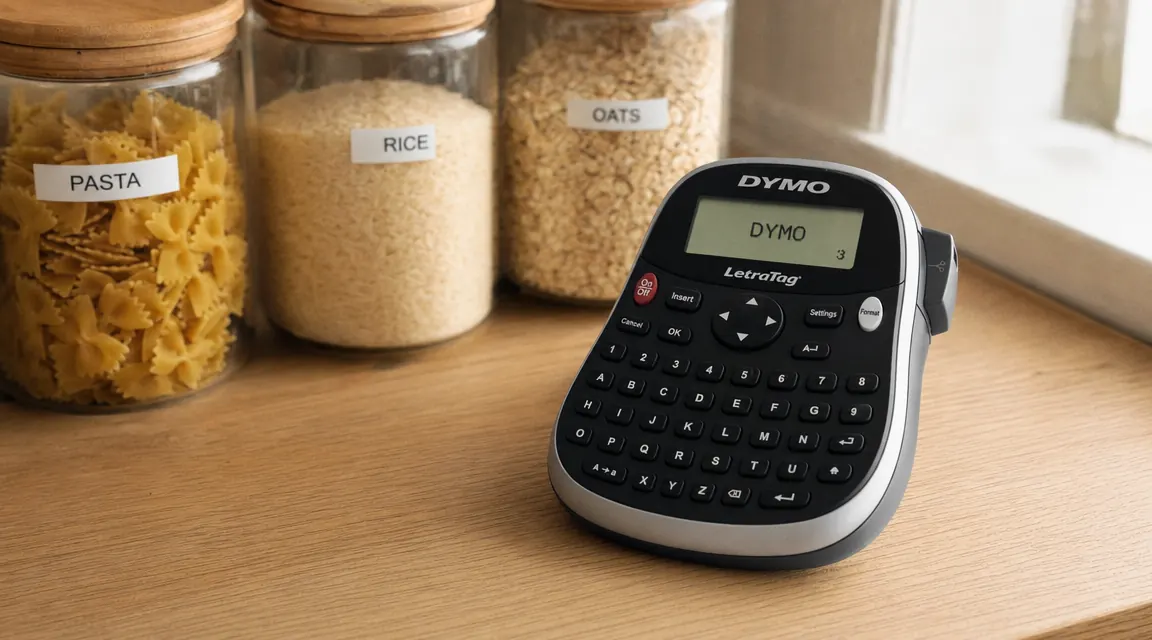 DYMO LetraTag 100H label maker resting on a kitchen counter next to a row of labeled glass pantry jars