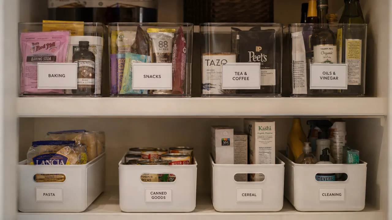 Pantry shelf with labeled bins for snacks, baking supplies, canned goods, and school supplies
