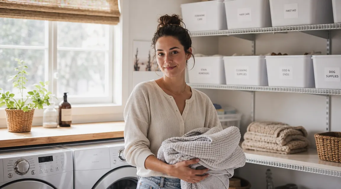 Neatly organized open shelving unit with labeled white bins in a bright laundry room