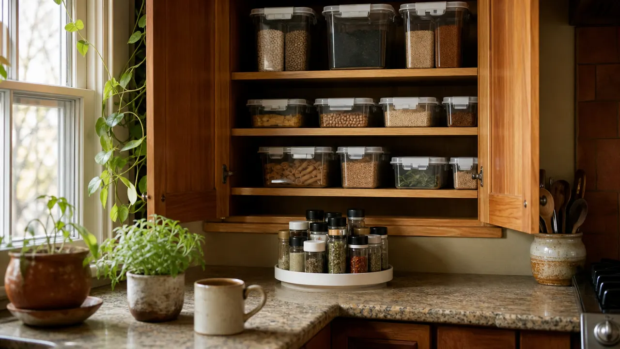 A warm, lived-in home with an organized garage pegboard wall, neatly stacked clear storage bins, and a tidy laundry corner
