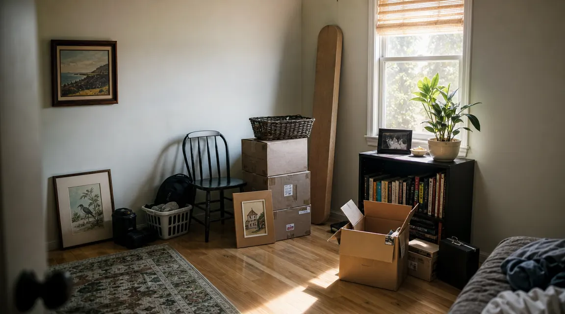 A cluttered spare room with bins, bags, and loose items on the floor before organizing