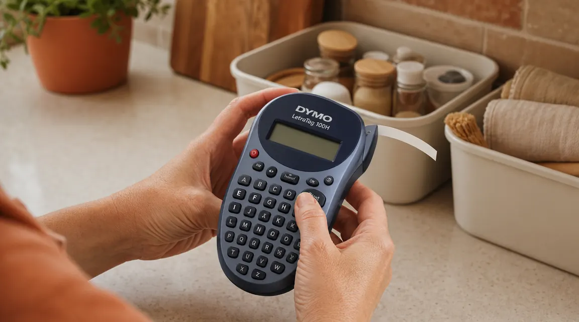 DYMO LetraTag 100H label maker printing a label tape in a hand