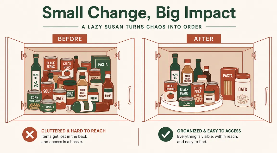 Before-and-after illustration of a deep cabinet shelf: cluttered on the left, organized with lazy susan on the right