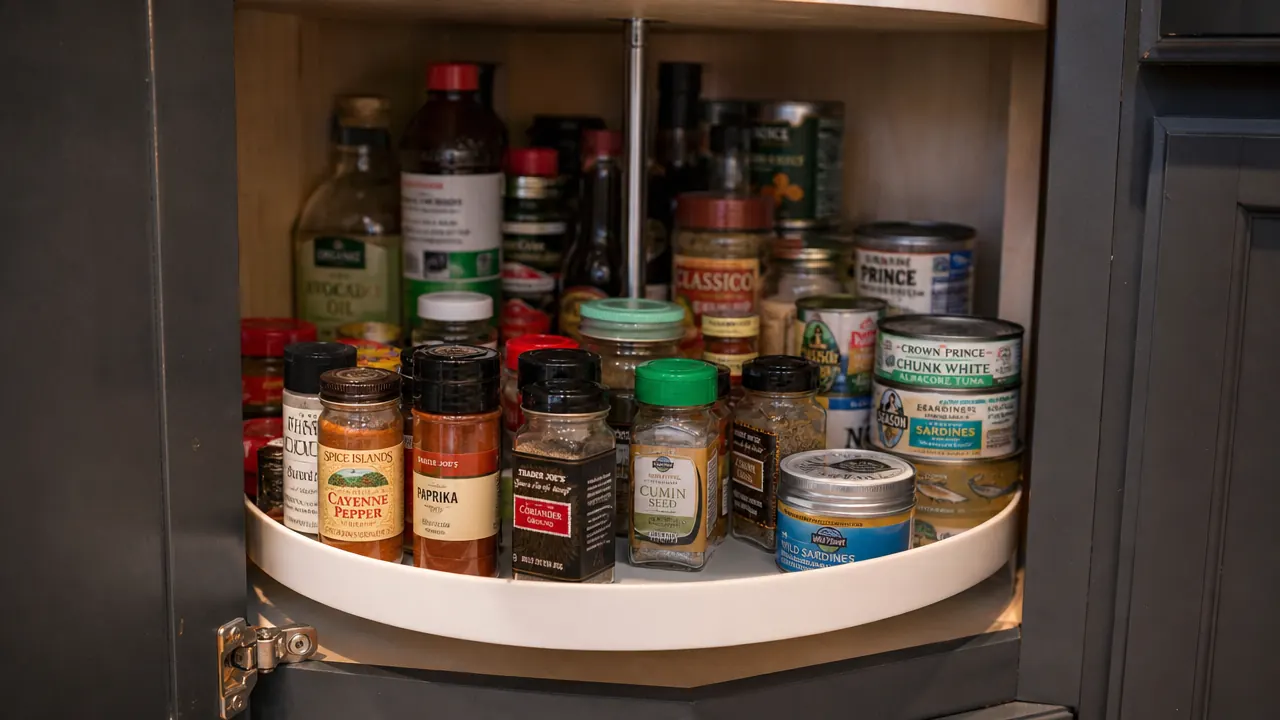 Deep pantry cabinet shelf with items neatly arranged on a white lazy susan turntable, warm kitchen light