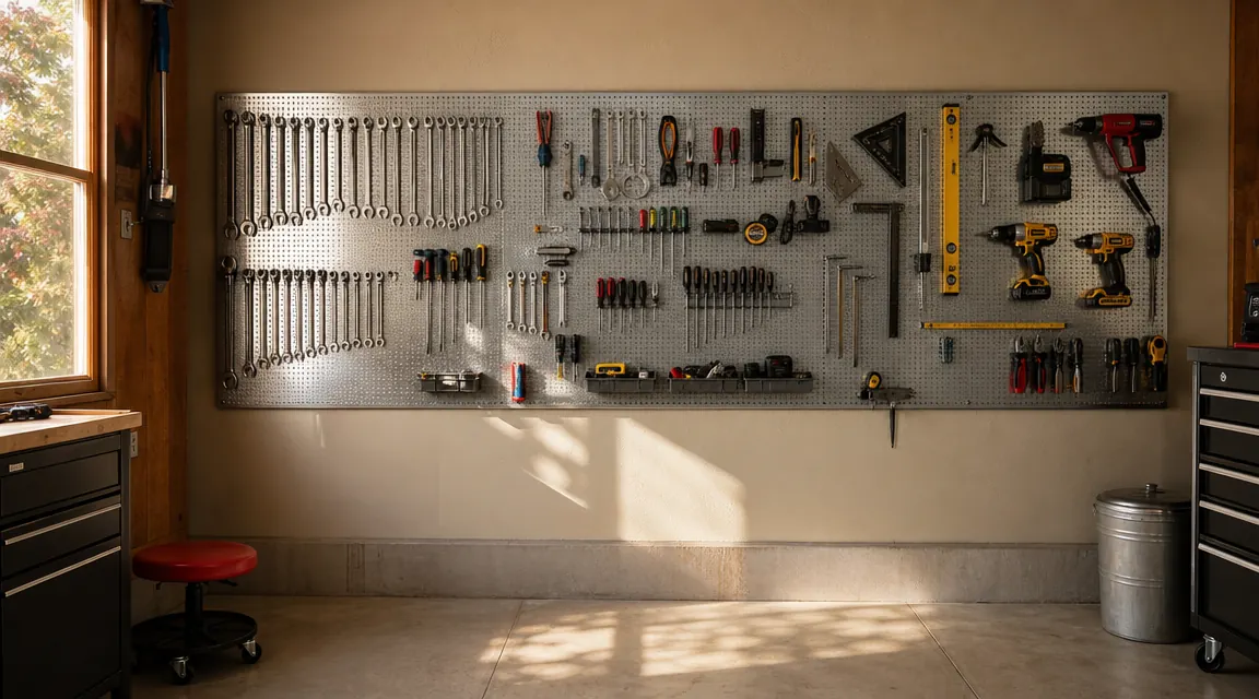 Organized garage wall with metal pegboard holding hand tools, power drill, level, and saw in a clean grid layout