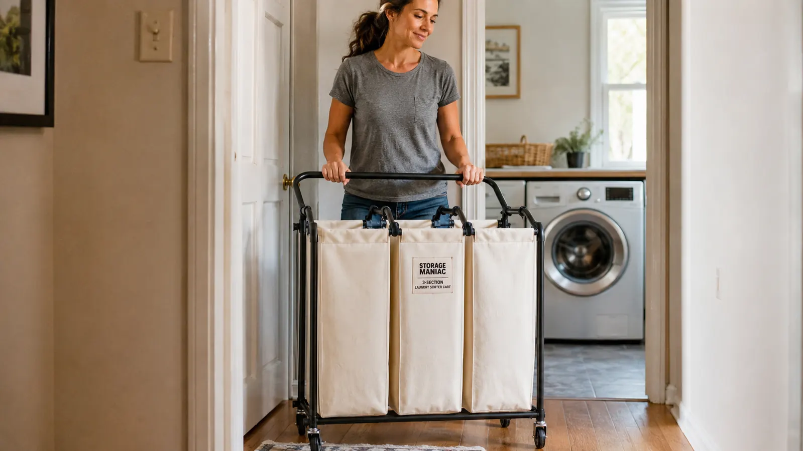 Rolling laundry cart positioned in a hallway corner outside bedroom doors, easy family access