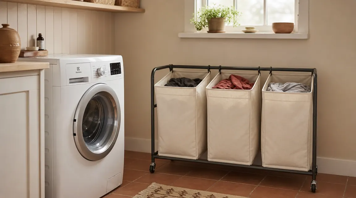 Three-section rolling laundry sorter in a bright utility room next to a front-load washer, each section holding a different load category