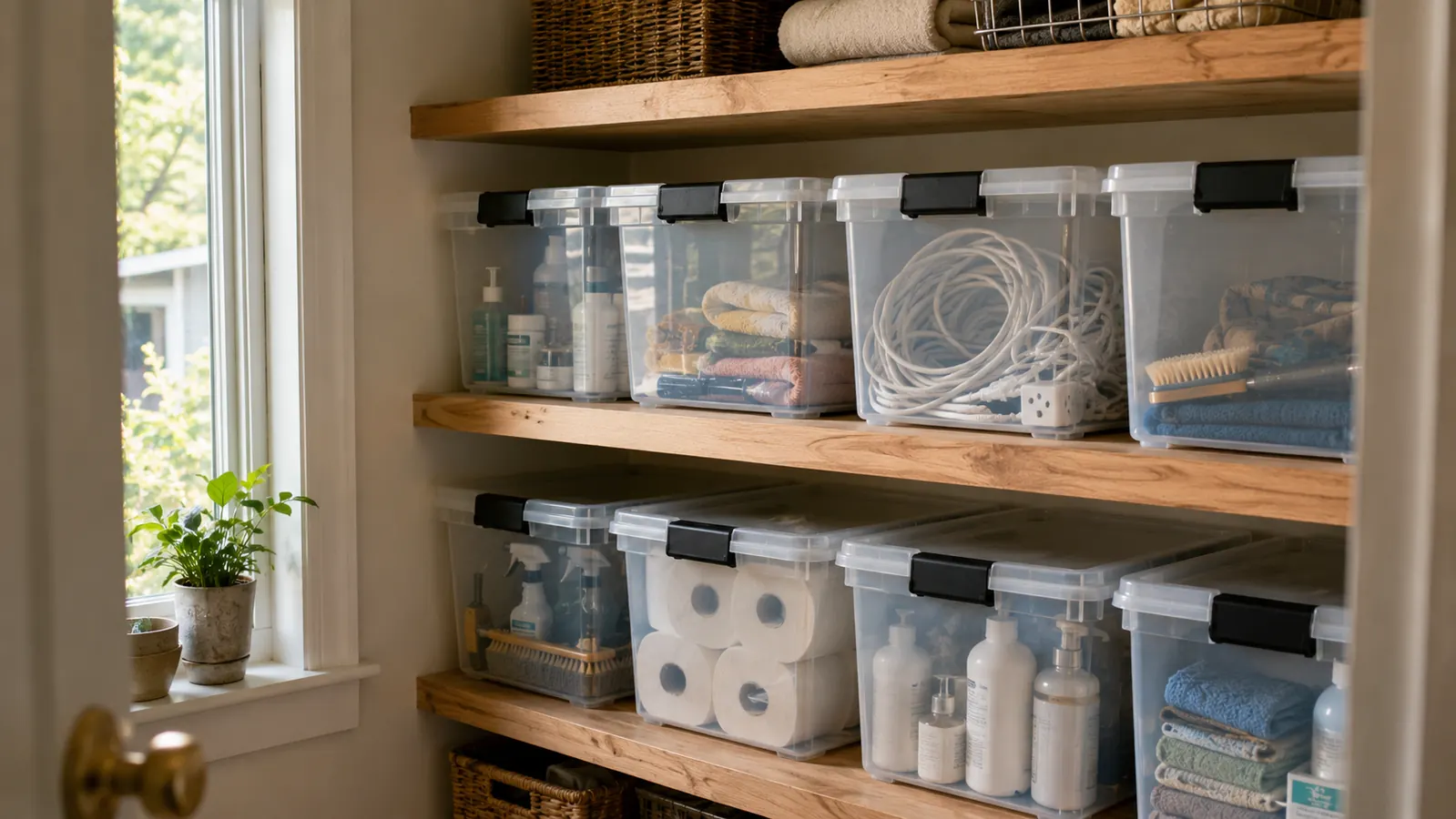 Two rows of clear stackable storage bins on a utility shelf in a bright closet