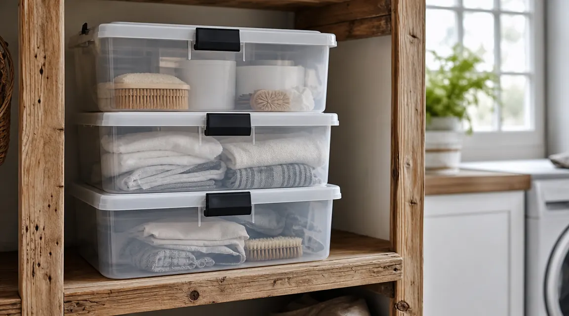 IRIS USA 13 QT clear plastic storage bins stacked three high on a wooden shelf, side latches visible, warm home interior background