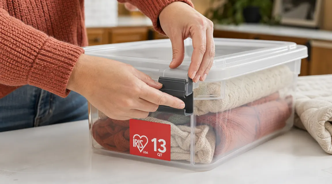 Hands snapping the side latches shut on an IRIS USA 13 QT bin resting on a countertop