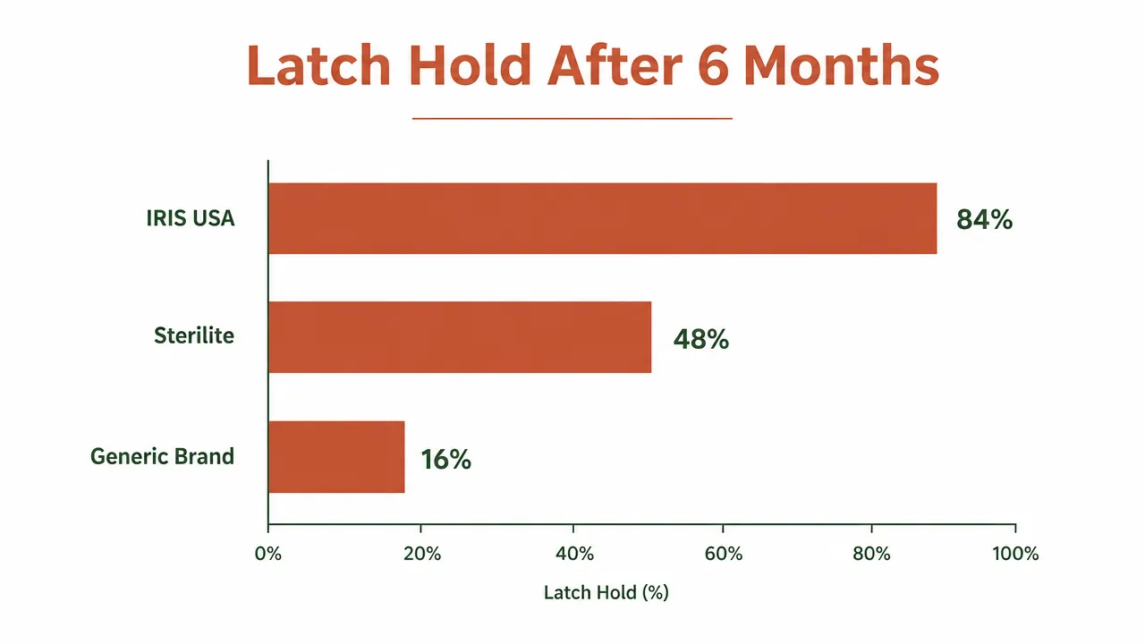 Bar chart comparing latch-strength test ratings for IRIS USA bins, Sterilite bins, and a generic bin brand