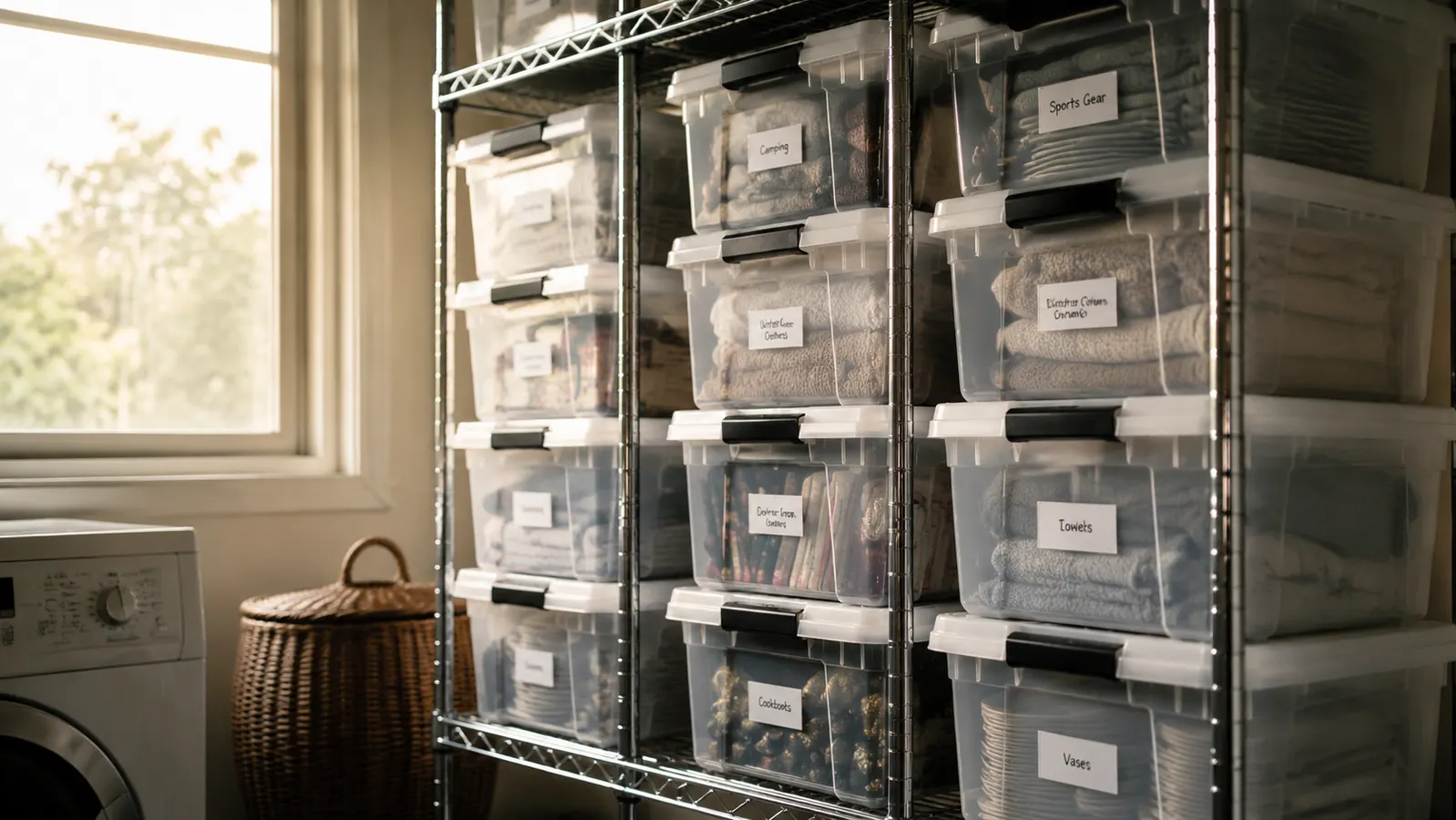 Stack of six clear IRIS USA latch-lid bins on a utility room shelf, neatly labeled