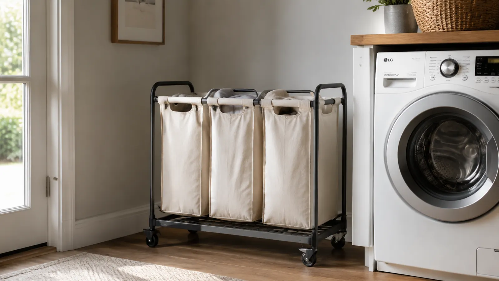 A bright laundry room with a three-section rolling sorter cart parked beside a front-load washer, morning light coming through a small window