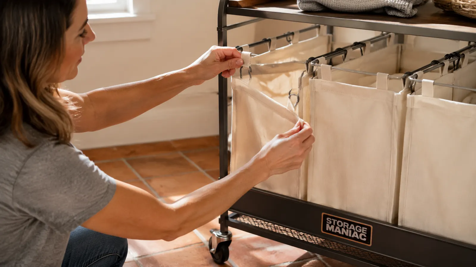 Hands attaching a fabric laundry bag to the metal hook frame of a rolling sorter cart during assembly