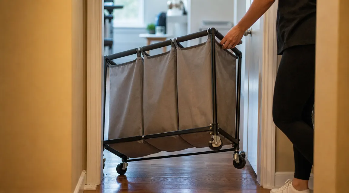 Rolling laundry sorter cart tilted slightly to fit through a narrow interior doorway
