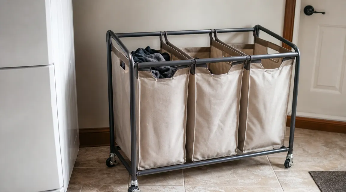 STORAGE MANIAC three-section laundry sorter cart with one bag partially filled and two empty, showing the frame and caster wheels on a tile floor