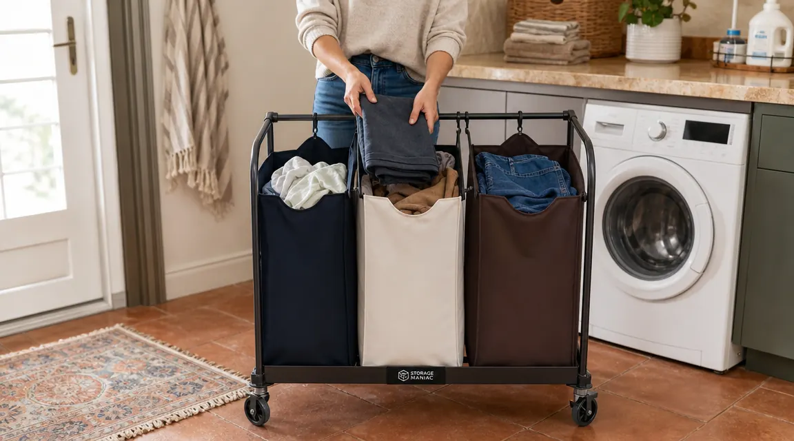 STORAGE MANIAC laundry sorter cart with fabric bags filled with dark clothes, lights, and towels in separate sections