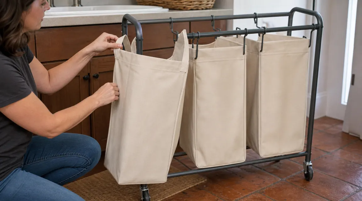 Close-up of laundry sorter fabric bag being lifted off frame hook