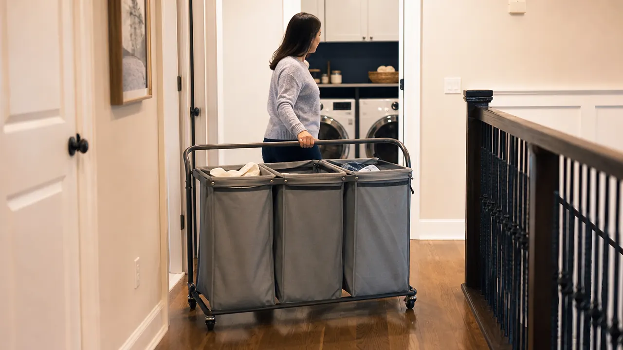 Rolling laundry sorter cart being pushed through a hallway toward a laundry room door