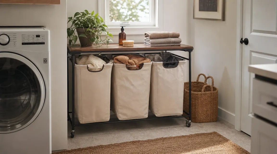 Three-section rolling laundry sorter cart parked in a bright utility laundry room next to a front-load washer