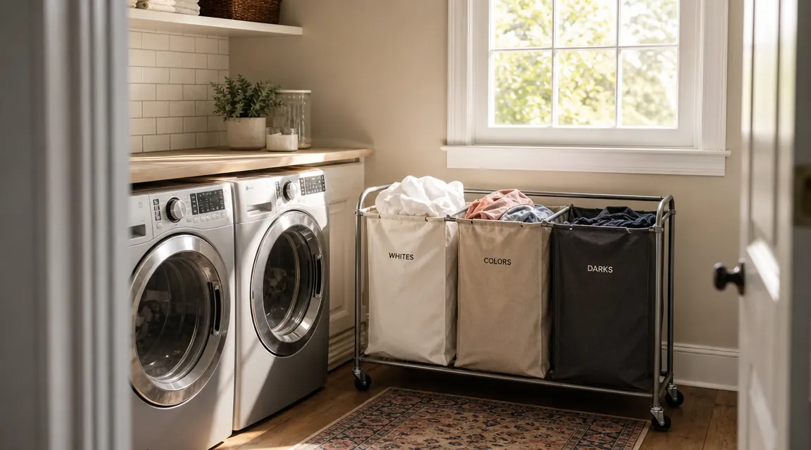 A three-section rolling laundry sorter loaded with sorted darks, lights, and colors sitting next to a washer in a tidy laundry room