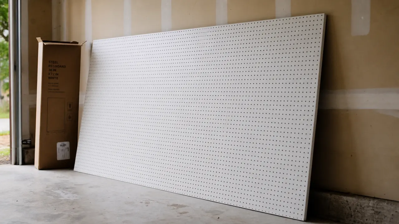 Wall Control metal pegboard panel leaning against a garage wall next to an open tool box, pre-install