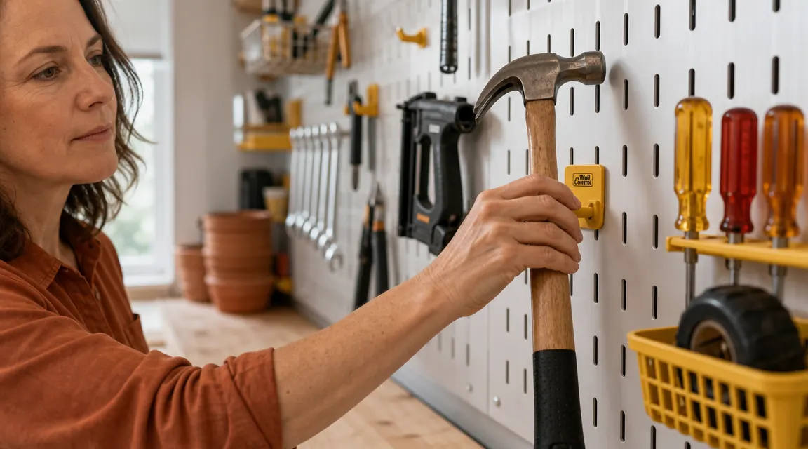 Close-up of a hand hanging a claw hammer on a Wall Control locking hook against the steel pegboard surface