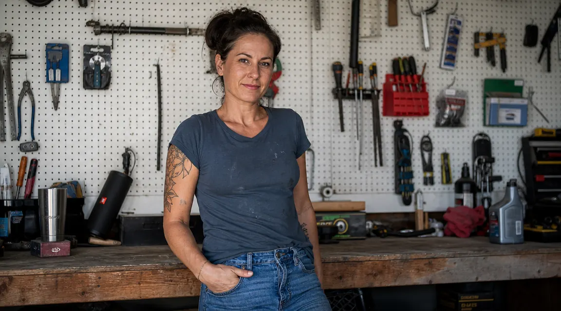 Woman standing in front of a fully loaded garage pegboard, holding a cordless drill, smiling