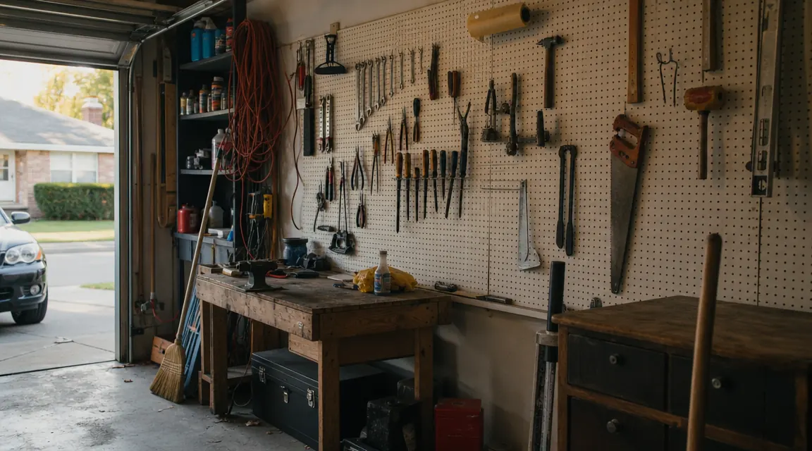 Wall Control metal pegboard system mounted on a garage wall with hand tools organized on hooks