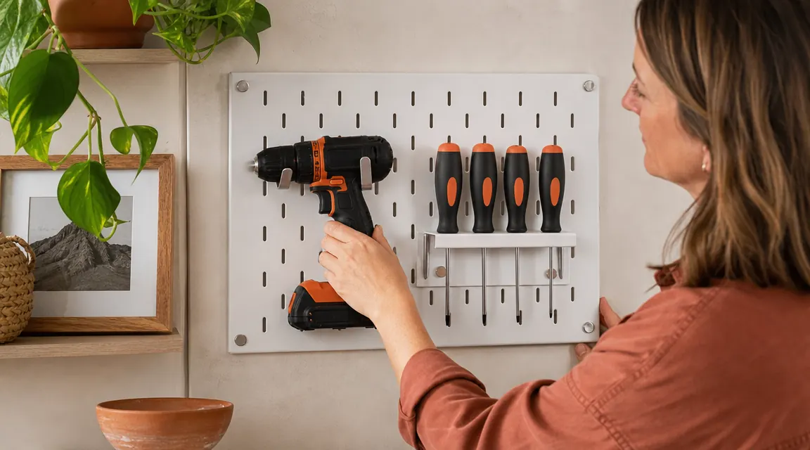 Close-up of metal pegboard hooks holding a cordless drill and a row of screwdrivers