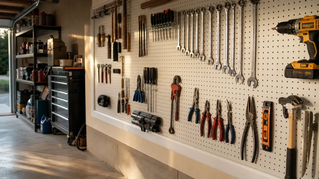 Organized garage wall with metal pegboard holding tools neatly, warm afternoon light through window